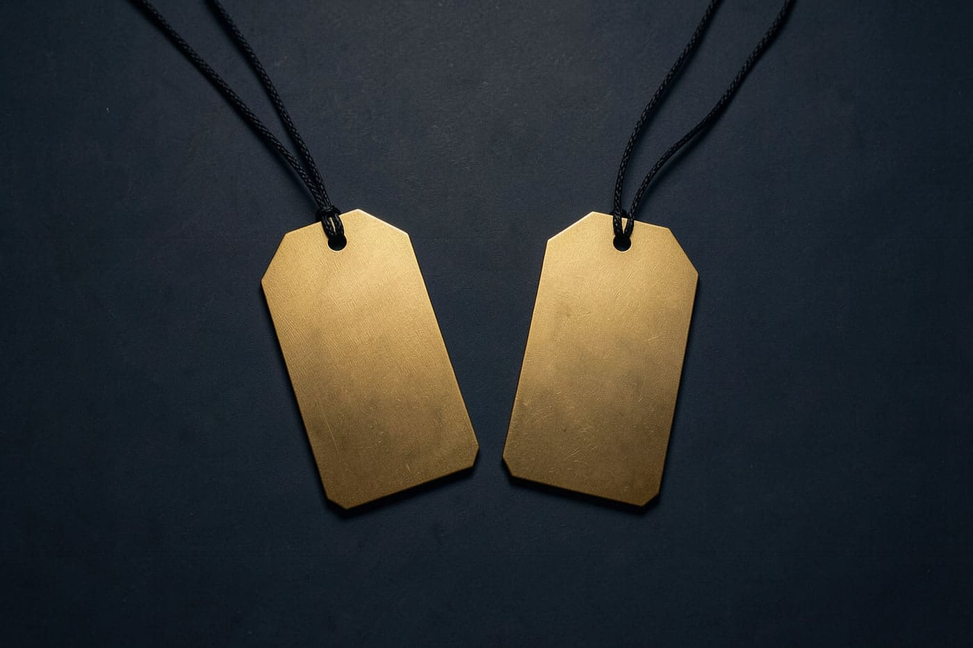 Two blank brass tags on black strings under a single warm light.