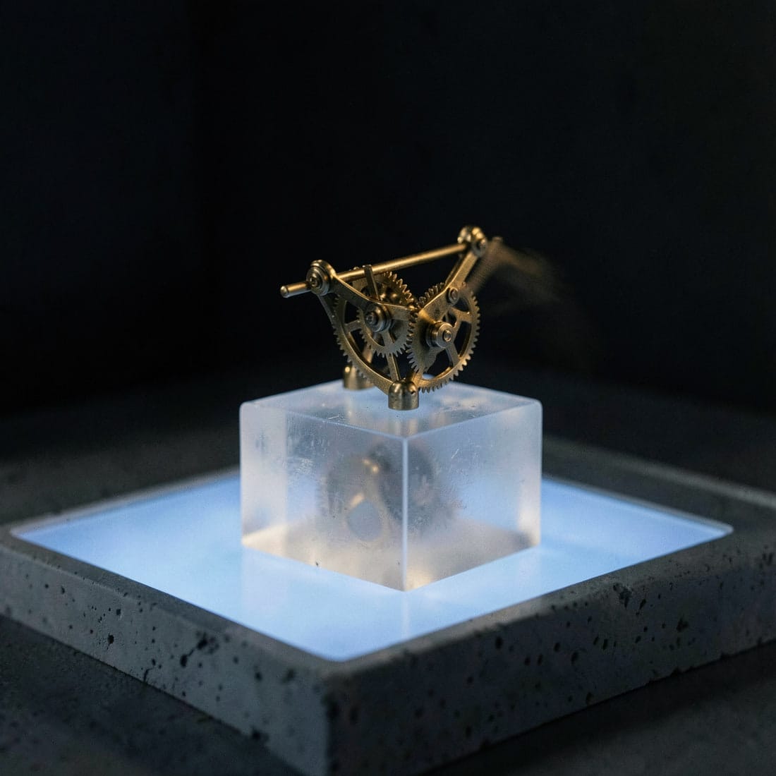 A small brass mechanism balanced on a frosted block on a light table.