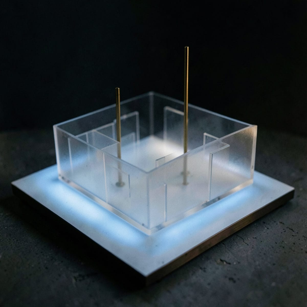 A translucent model of an open office floor plate on a glowing light table, its interior walls rearranged, with two thin brass rods standing through it.