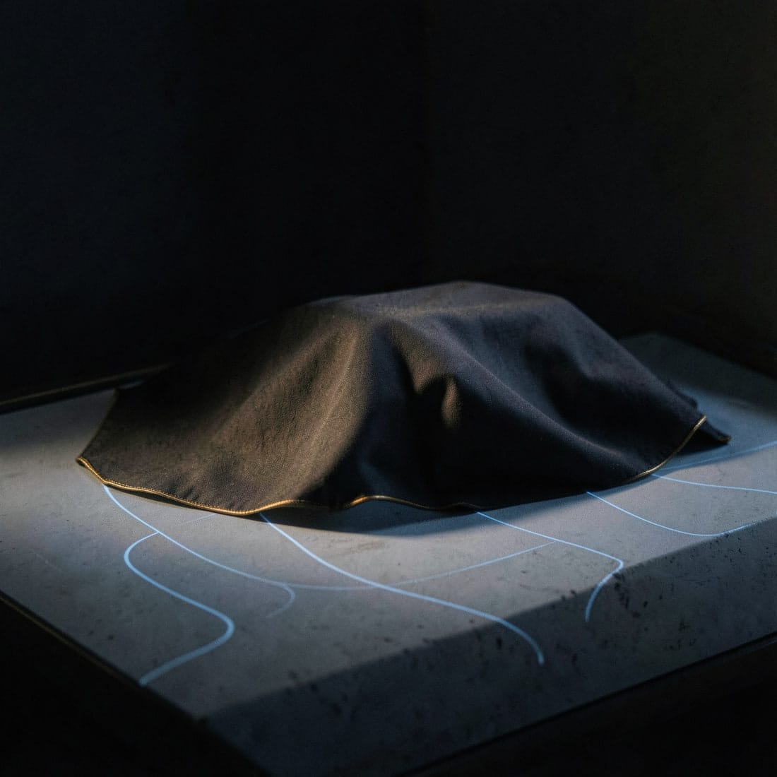 An object hidden under a draped cloth on a light table.