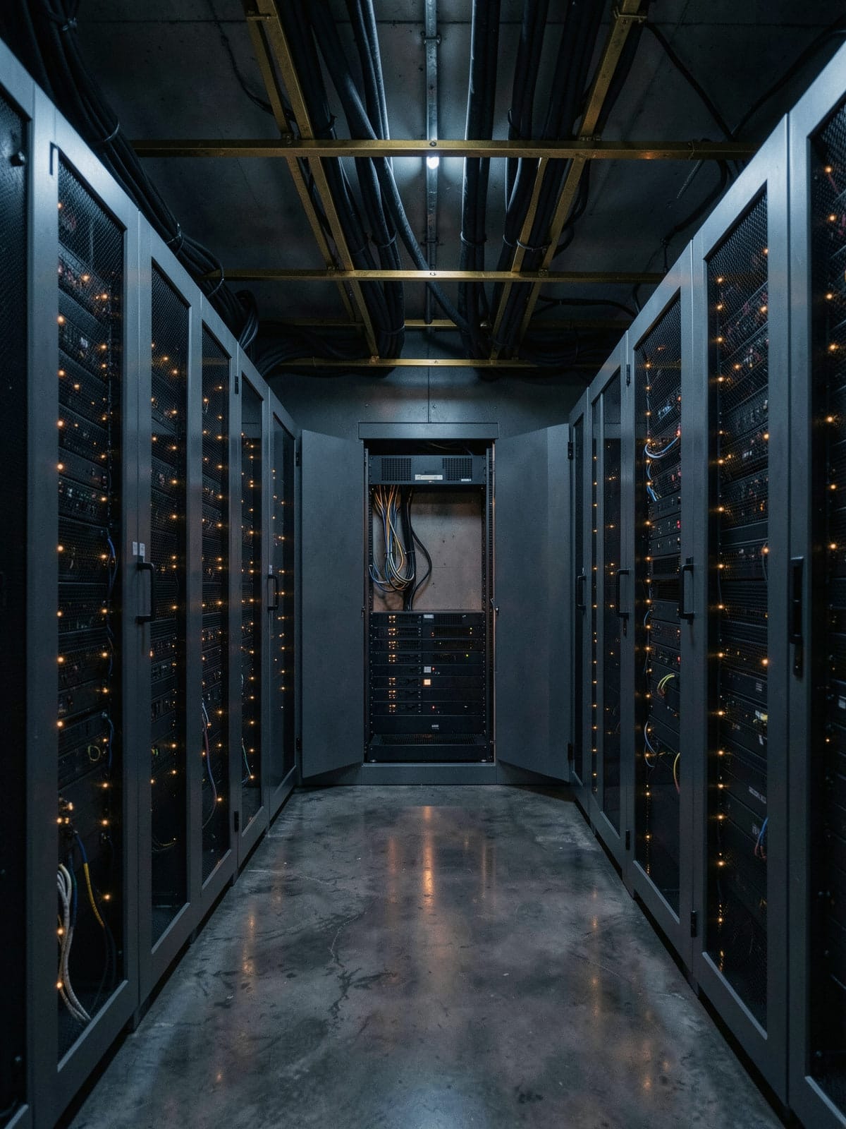 A private server aisle with warm status lights and brass cable trays.