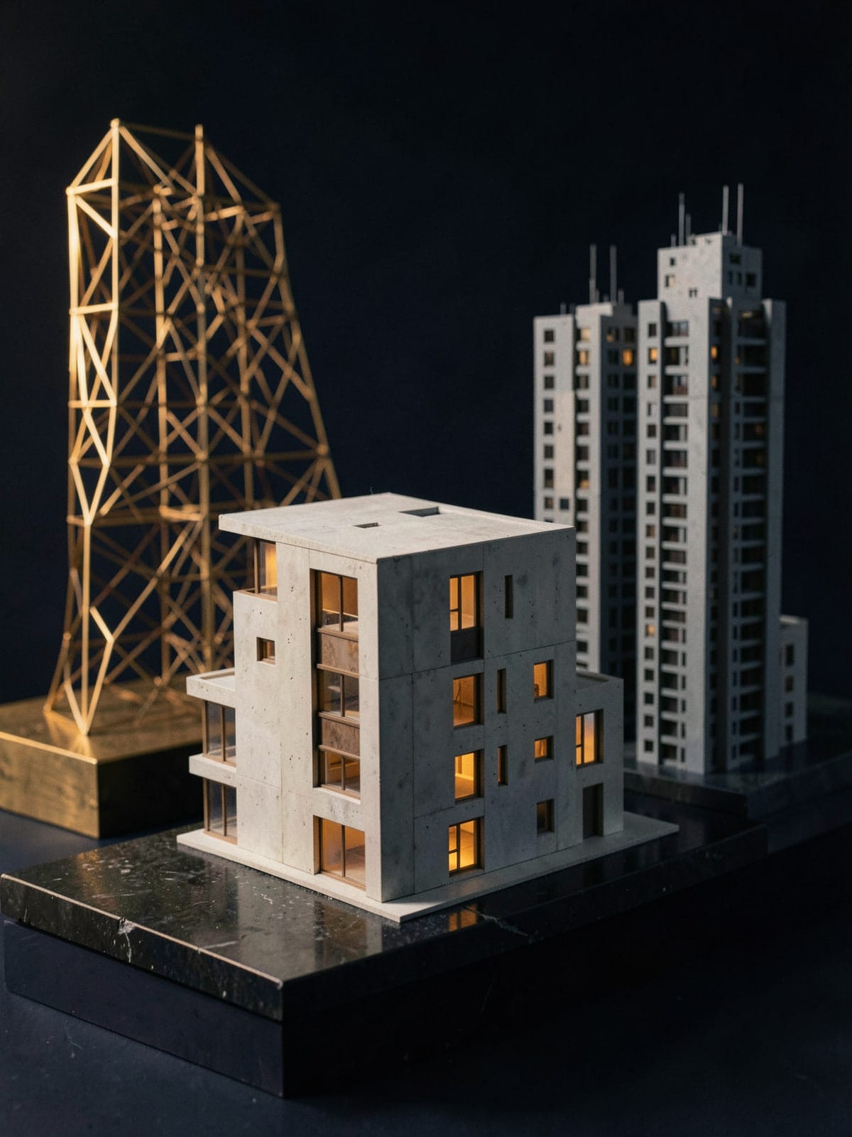 Three architectural models under raking light: a finished lit building, a block of towers and an unfinished brass wireframe.