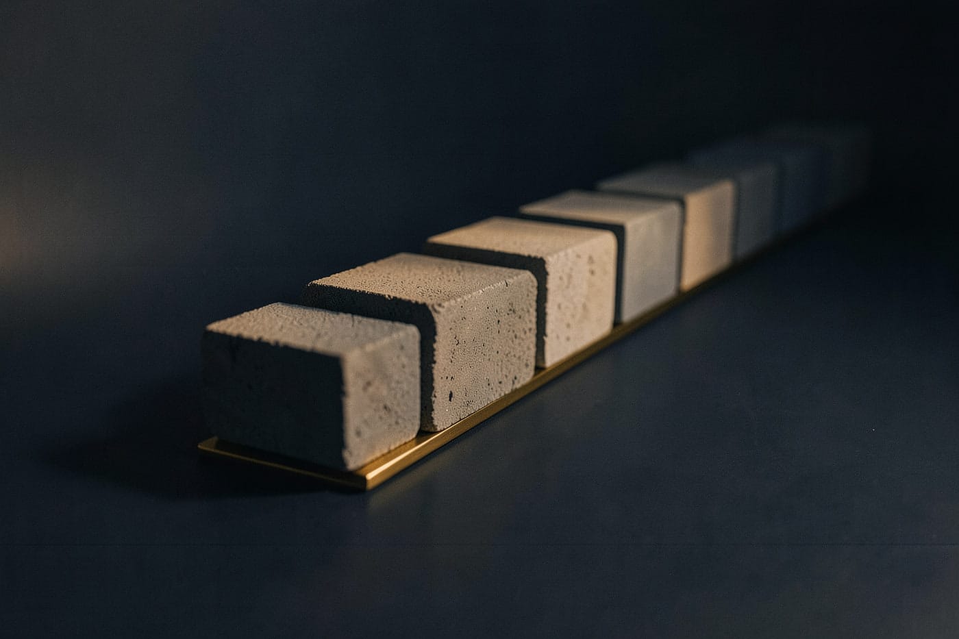 A long even row of identical limestone blocks on a thin brass rail, receding into shallow focus.