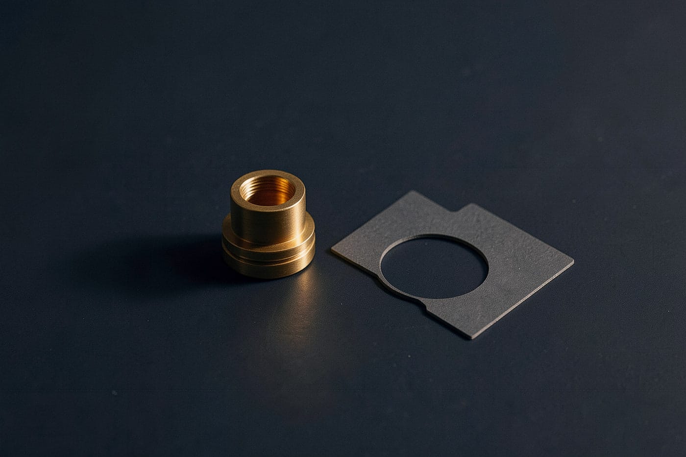 A precision-machined brass component on a dark bench beside the cut-out template it was made to fit.