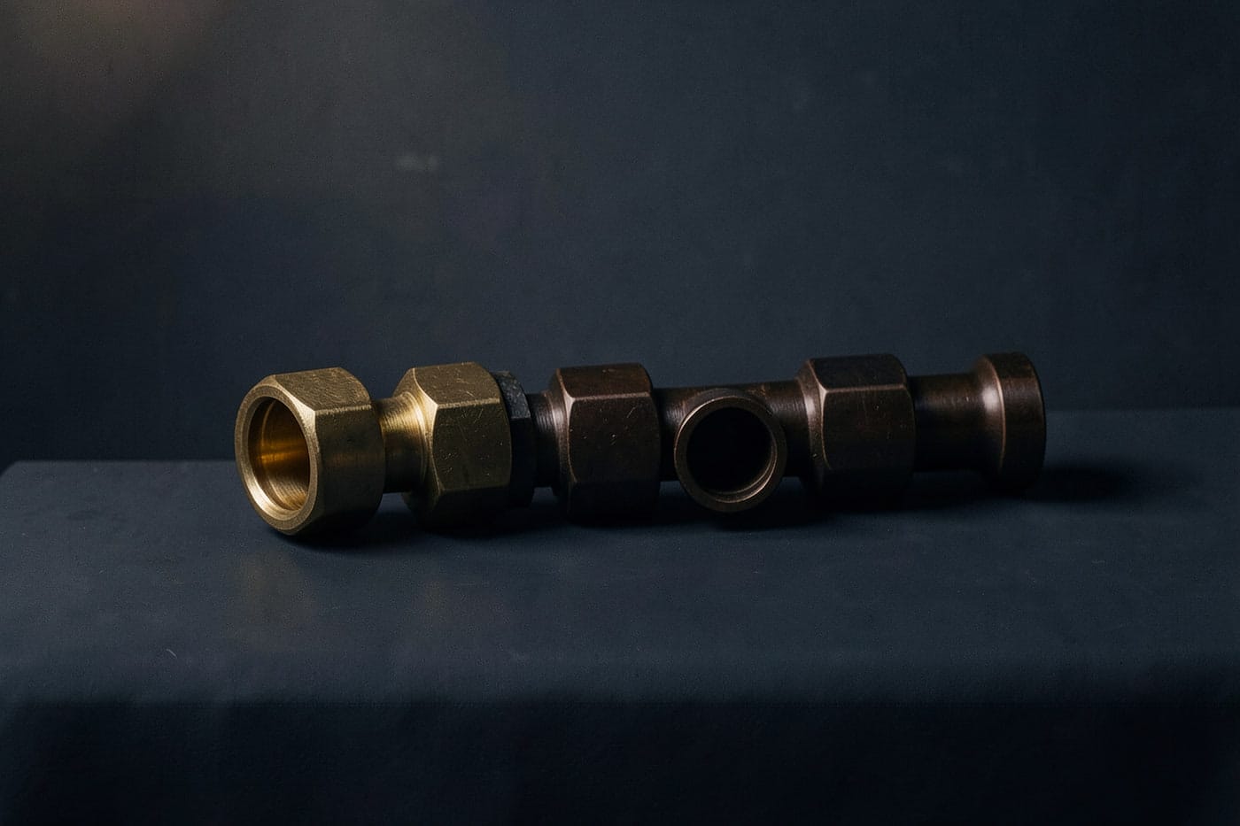 Brass couplings joining bronze pipes of mismatched diameters into one continuous line.