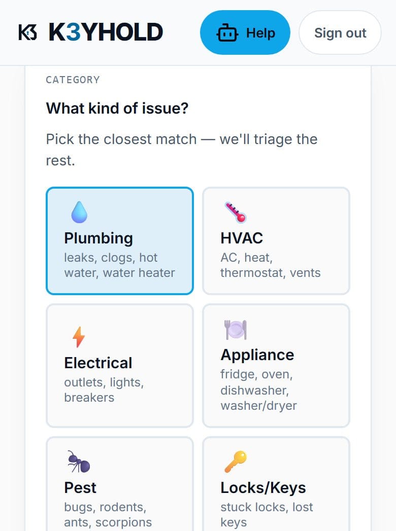 MaintenanceTech tenant app: the report-a-problem form, with the kind of issue picked from plumbing, HVAC, electrical, appliance, pest and locks, then a box for the problem in the tenant's own words.