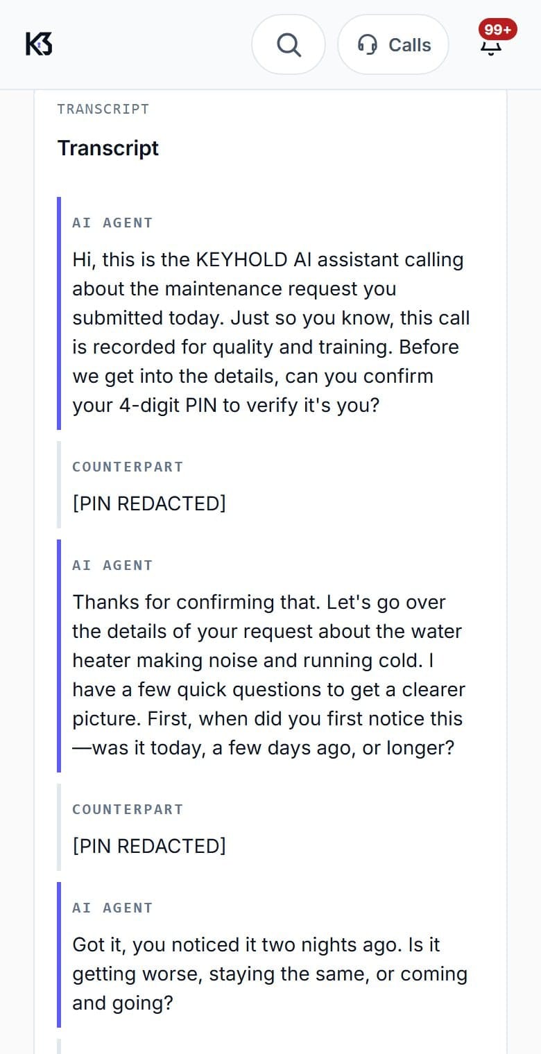 A MaintenanceTech call transcript: the AI opens by identifying itself and noting the call is recorded, then asks for a PIN, which is shown redacted.