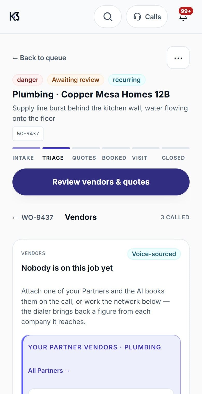 A MaintenanceTech work order for a plumbing emergency, showing the six-step tracker at Triage and the Partner vendors section ready to attach and call.