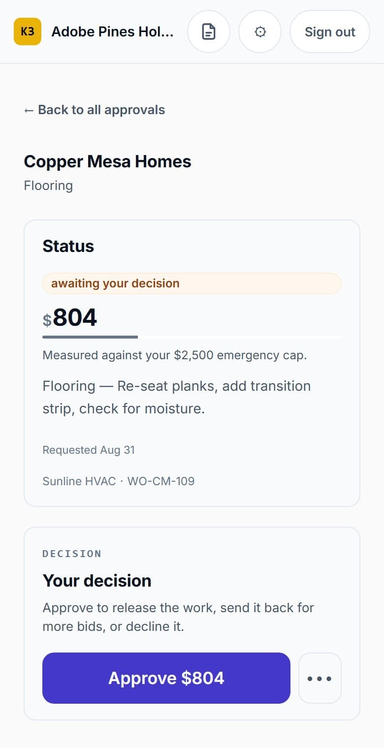 MaintenanceTech owner app: an $804 flooring repair awaiting the owner's decision, with an Approve button and options to send back for more bids or decline.