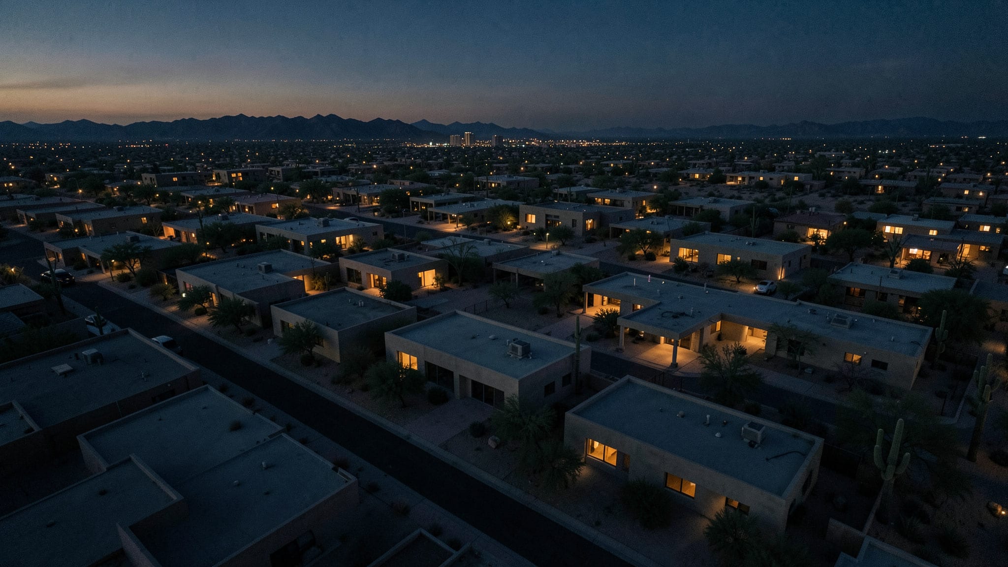 A desert-modern neighbourhood on the edge of Phoenix at blue hour, warm light in scattered windows, the city and mountains beyond.