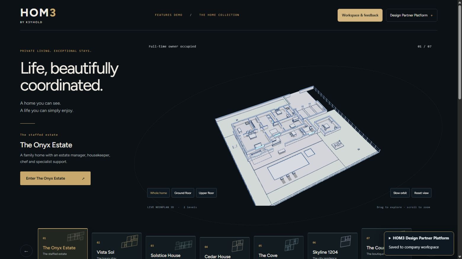 HOM3’s fictional Onyx Estate in the home collection, with a spatial floor-plan preview.