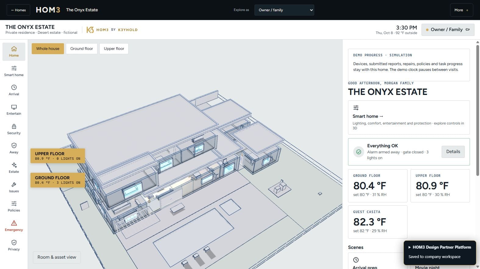 The HOM3 estate view with a spatial home model, room temperatures and simulated scenes.