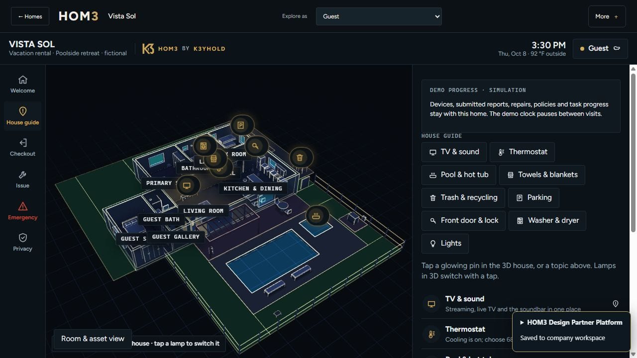 The fictional Vista Sol short-term rental in HOM3, showing the guest house guide beside a spatial model with room and amenity pins.