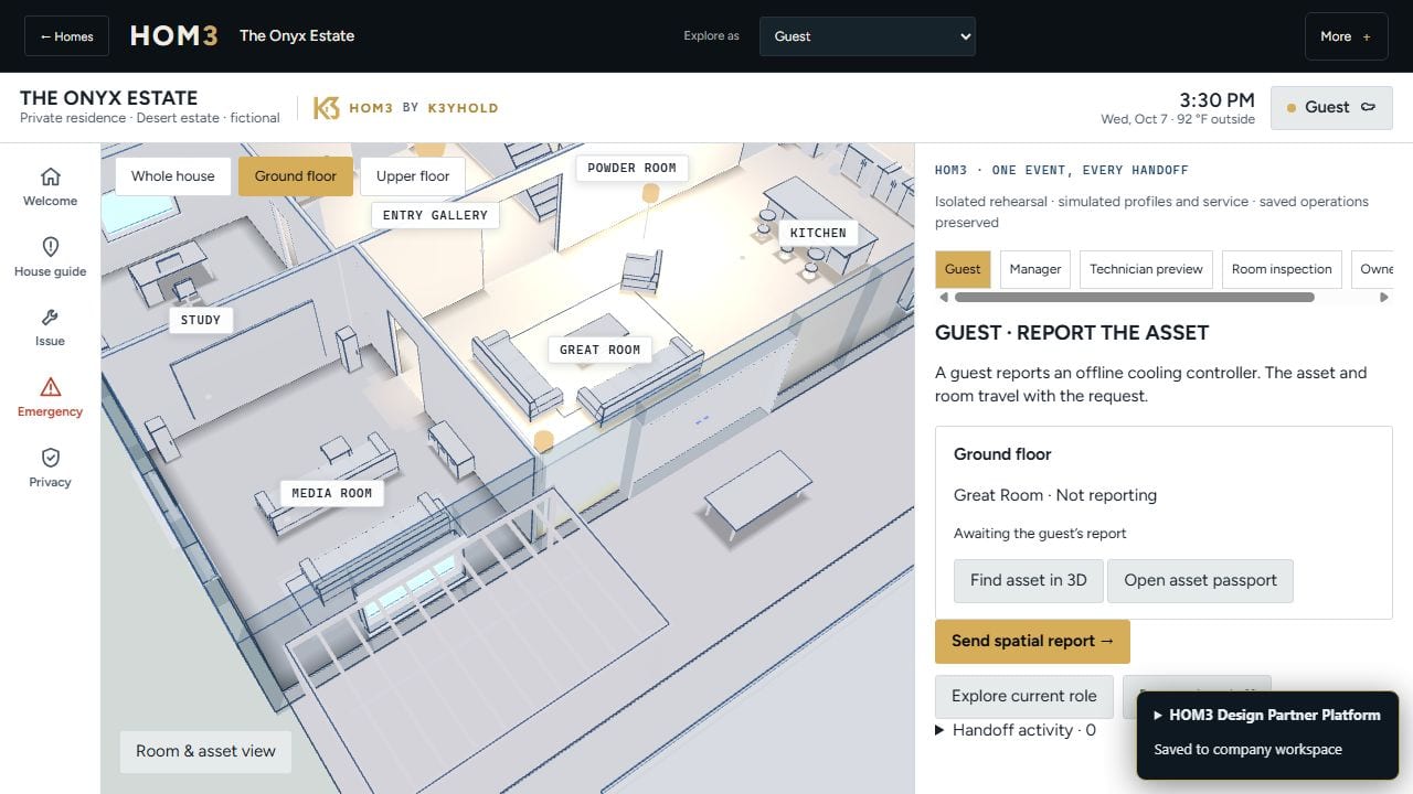 The HOM3 connected role handoff in the fictional Onyx Estate, with a room-level cooling asset report moving from guest to manager and service review.