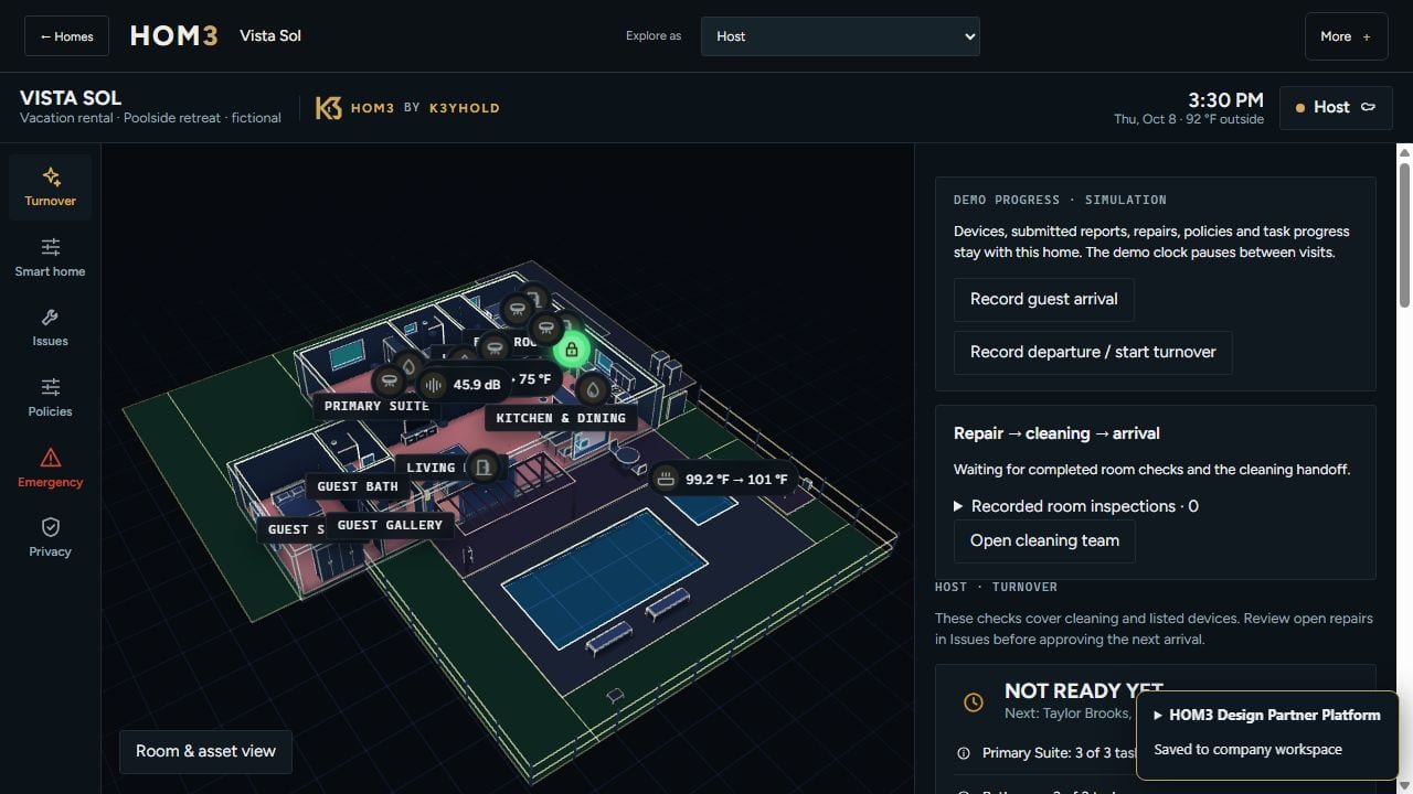The fictional Vista Sol host view in HOM3, showing room-level turnover readiness and connected home status.