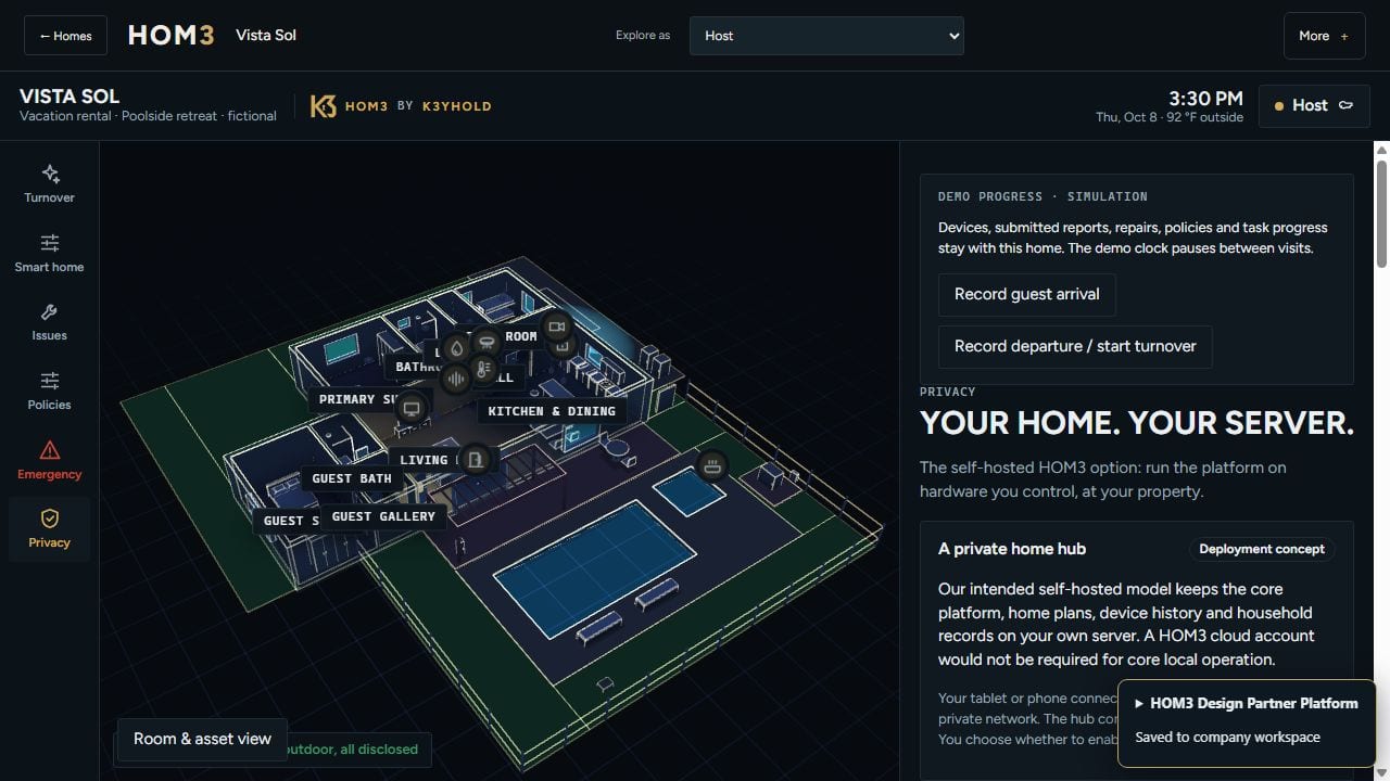 The HOM3 tablet privacy view for the fictional Vista Sol stay, describing the proposed private home hub beside the spatial home model.