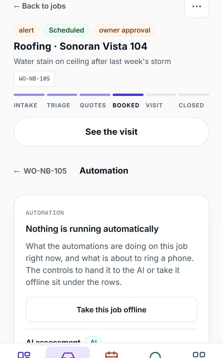The automation panel on a job: what is running right now, what is about to ring a phone, and the control that takes the job offline.