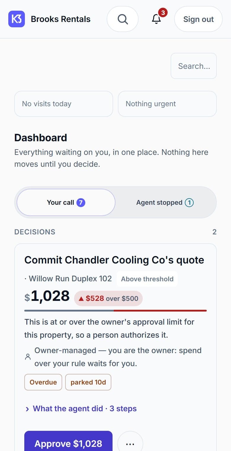 The MaintenanceTech owner-operator app on a phone: the dashboard, headed 'Everything waiting on you, in one place. Nothing here moves until you decide.'