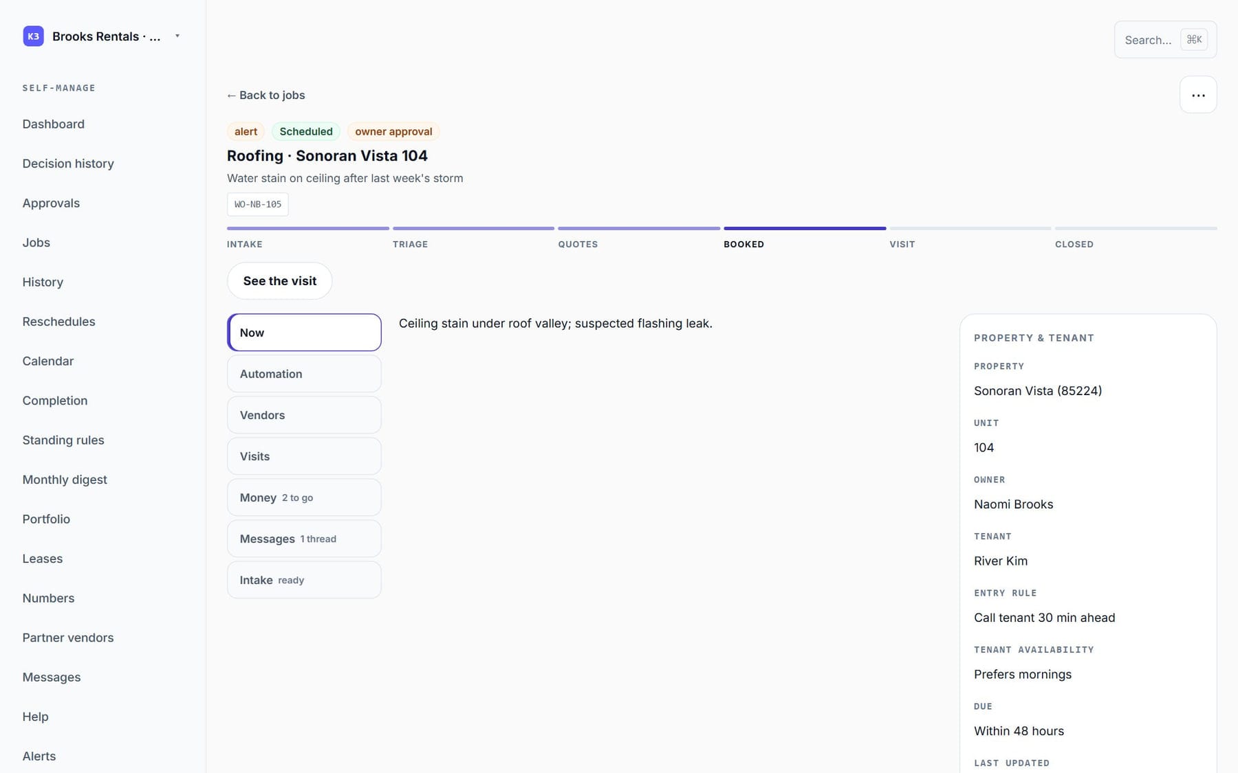 A job on a computer: the stage tracker, the automation panel, the vendors and the money section side by side in one view.