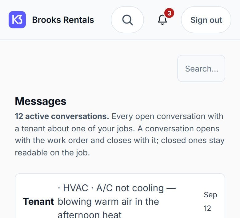 Messages in the owner-operator app: private threads with tenants, each attached to a job.