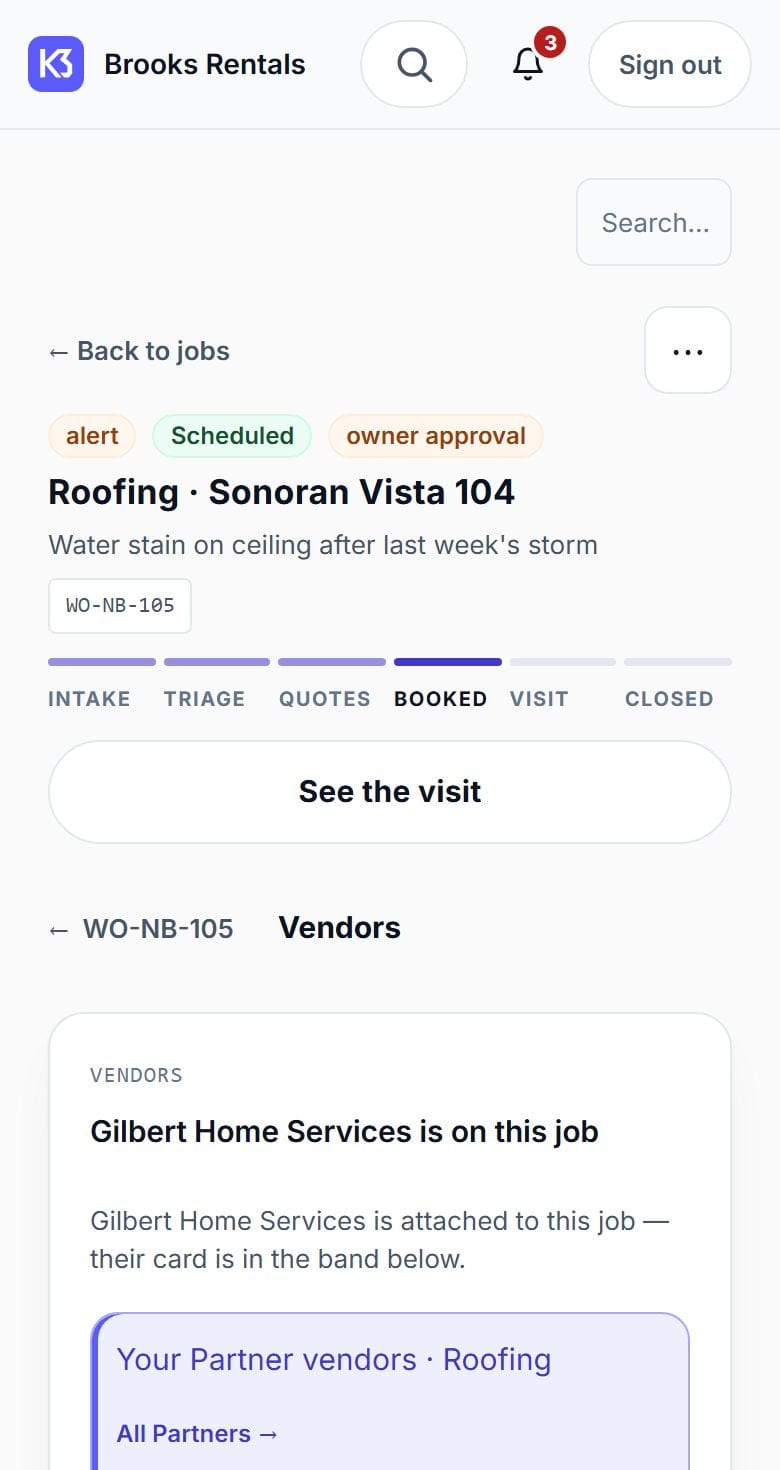 The vendors section of a job: the repair company attached to the job, your own Partner vendors for that trade, and the network vendors the sourcing screen can find.