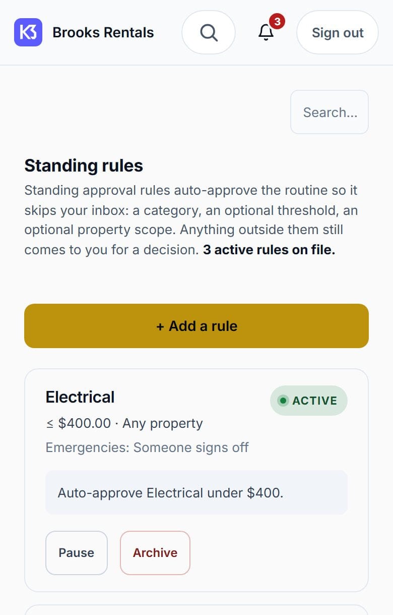 Standing rules: three active rules that auto-approve electrical under $400, general maintenance under $300 and HVAC under $500, each with a pause and archive control.