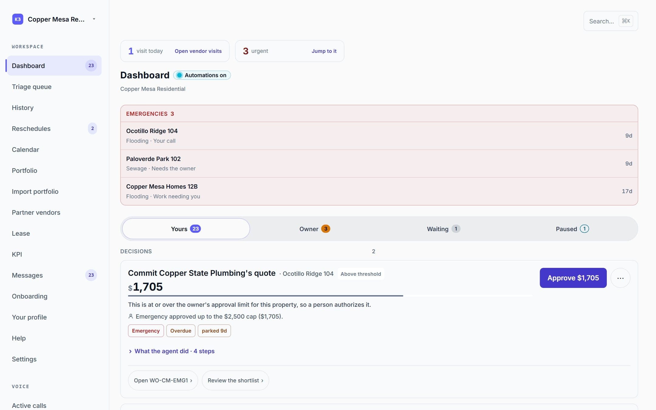 A MaintenanceTech dashboard on a computer: emergencies at the top, then the jobs waiting on a person's decision.