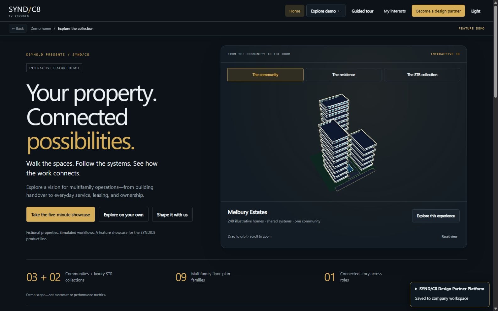 The SYNDIC8 collection view with a fictional community and interactive spatial preview.