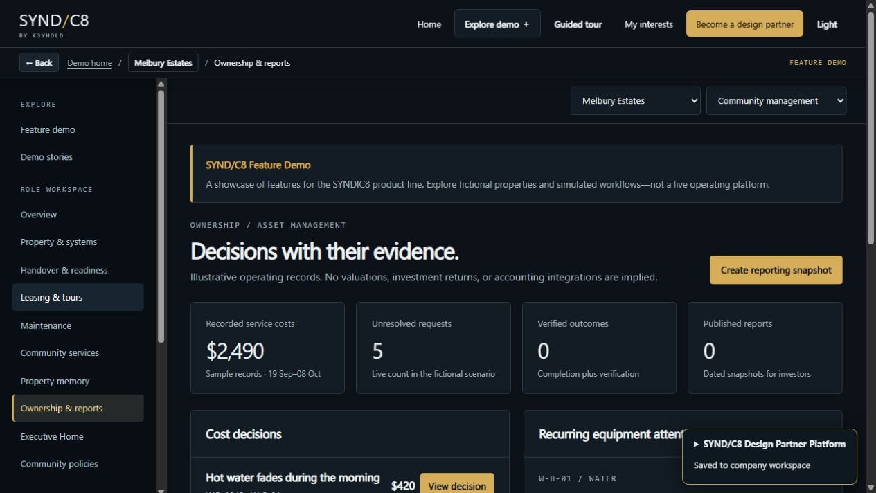 The SYNDIC8 ownership and reporting view with fictional service costs, unresolved requests and equipment attention.
