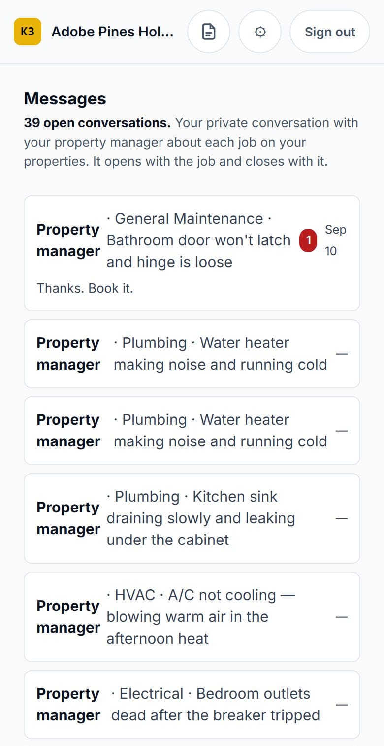 Messages in the owner's own app: a private conversation with their property manager for each job on their properties, each labelled with the job.
