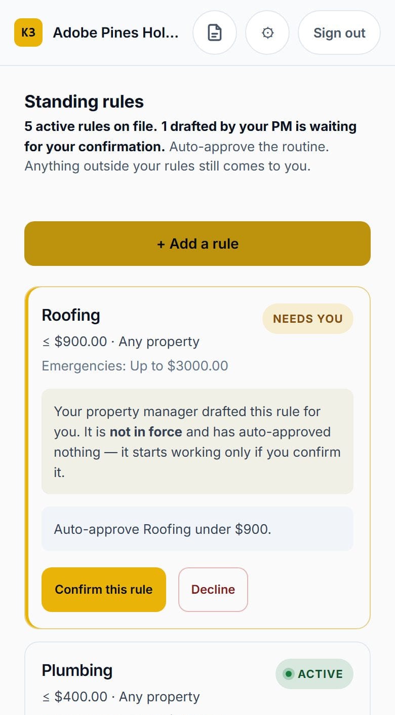 Standing rules in the owner's app: rules that auto-approve roofing, plumbing, HVAC, electrical, general maintenance and pest control under set amounts, each scoped to a property.
