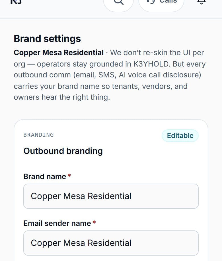 Brand settings: the management company's own brand name, email sender name and voice disclosure brand, used on outbound communication.