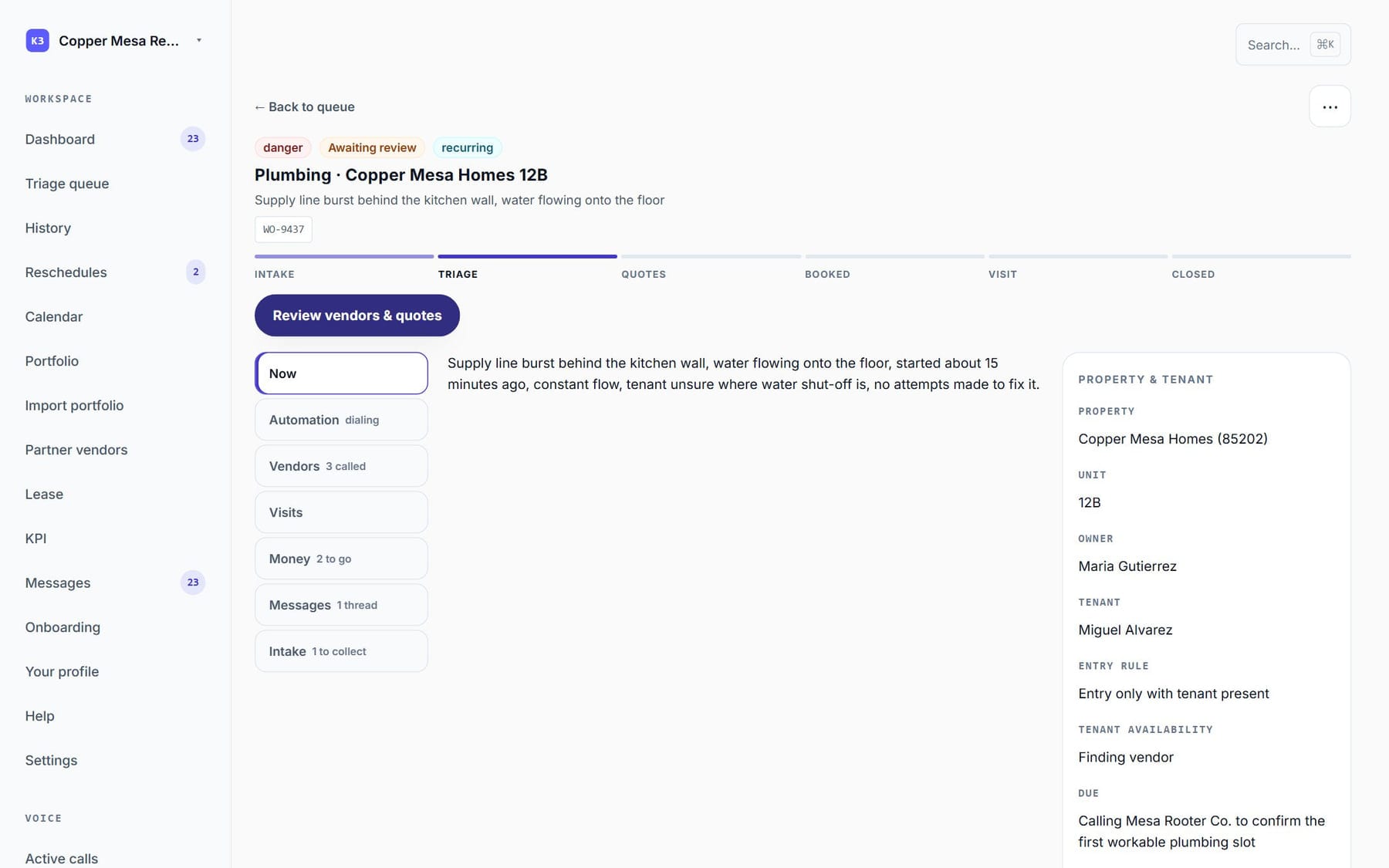 A job on a computer: the stage tracker, the property and tenant details, the automation panel and the money section in one view.