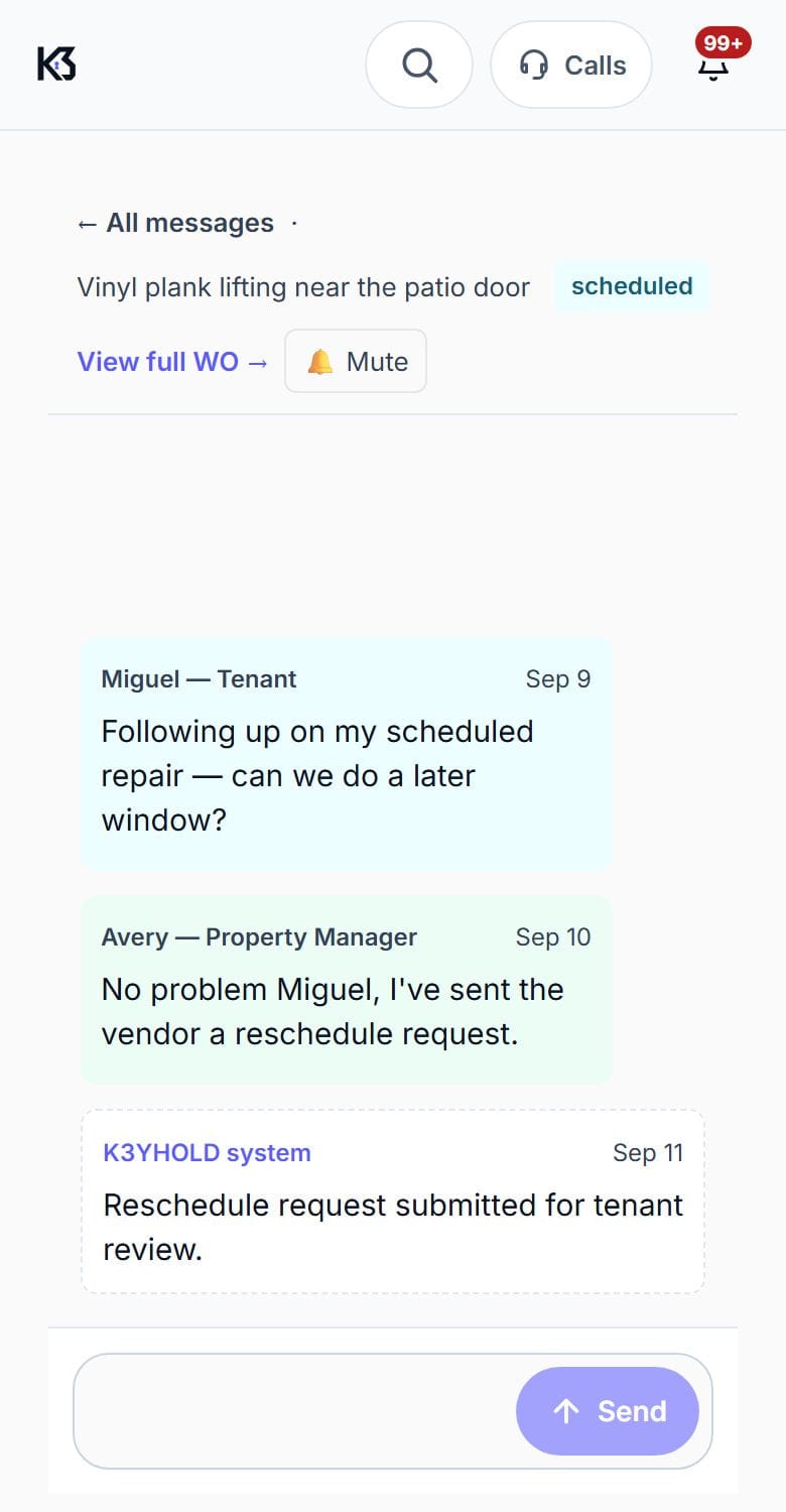 A conversation in the manager's app, on a flooring job: the tenant asks for a later window, the manager replies that the vendor has been sent a reschedule request, and the system records it.