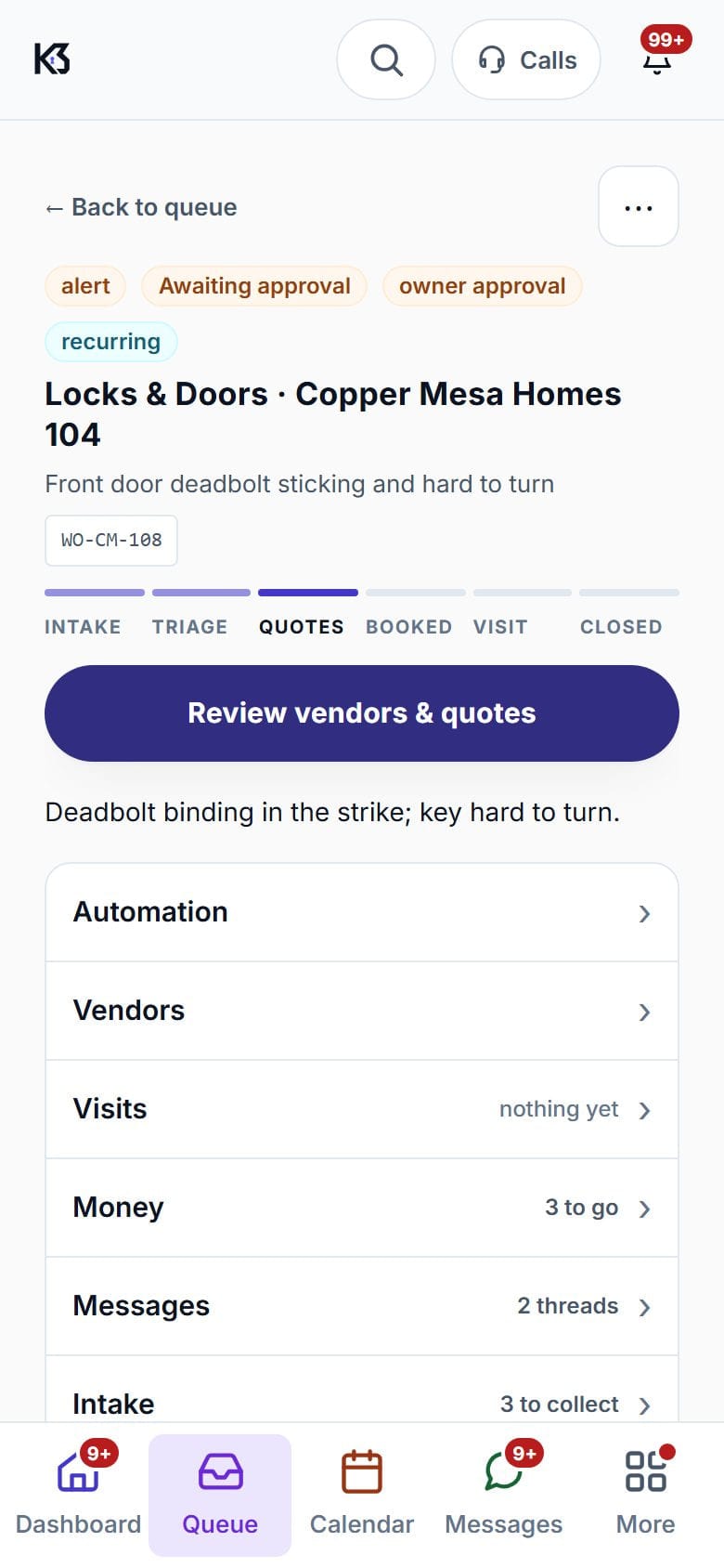 A job at the Quotes stage flagged 'awaiting approval' and 'owner approval': the quote is over the property's cap, so a person must authorize it.